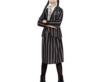 Girls Wednesday Uniform Costume + Wig Gothic Schoolgirl Kids World Book Day Fancy Dress Outfit (3-12Years)