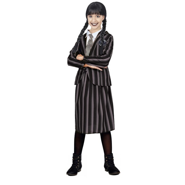 Girls Wednesday Uniform Costume + Wig Gothic Schoolgirl Kids World Book Day Fancy Dress Outfit (3-12Years)