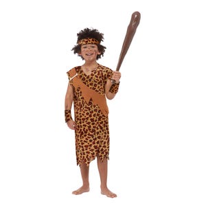 May include: A child's caveman costume with a brown and tan leopard print tunic, headband, and wrist cuffs. The costume includes a brown shoulder sash and a wooden club. The child is barefoot and smiling.