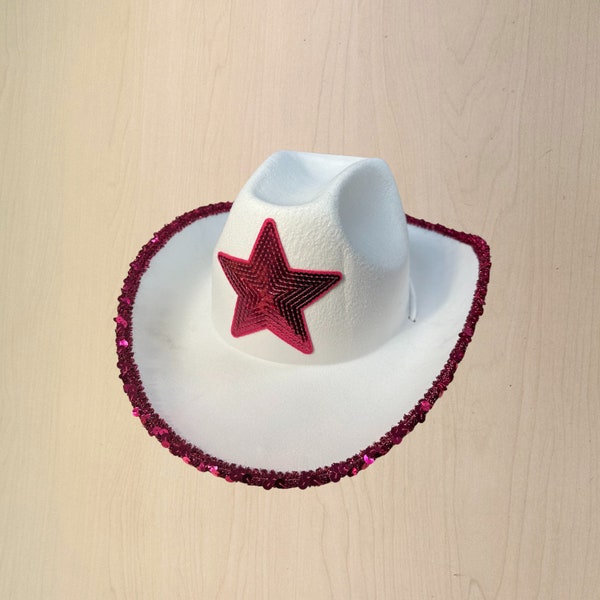 Chapeau de cow-boy rose à paillettes et étoiles, chapeau de fête, accessoire de déguisement western