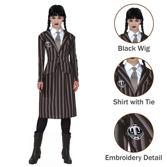 Gothic School Girl + Wig Fancy Dress Wednesday Addams Halloween
