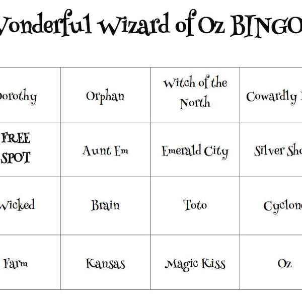 The Wonderful Wizard of Oz BINGO Game