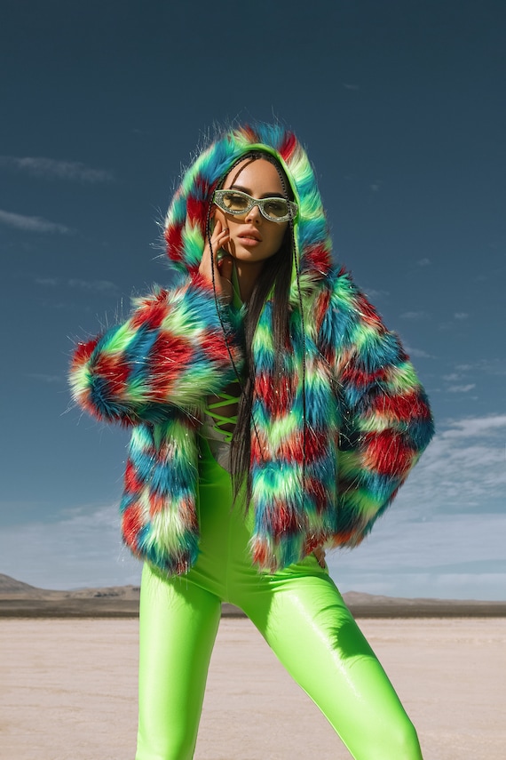 hood multicolored faux fur jacket