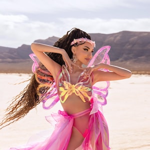 Disfraz de hada mariposa rosa: atuendo etéreo para festival con alas ondulantes y capa, ropa para rave en Burning Man. imagen 1