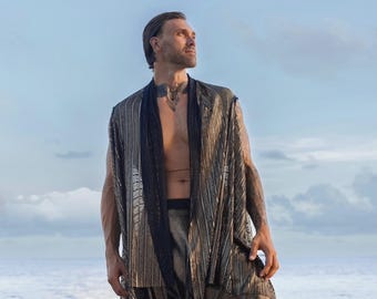 Men’s Metallic Festival Cape - Black and Gold Boho Vest - Sleeveless Festival Robe - Burning Man, Rave, Beachwear Fashion