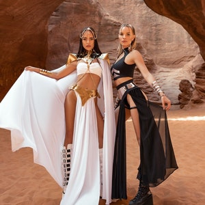 Goddess Warrior Festival Outfits – Gold & White Cape Set + Black Sheer Cut-Out Set | Burning Man Costumes | Desert Rave Fashion | Futuristic