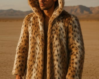 Men’s Faux Fur Hooded Coat – Spotted Lynx Festival Jacket, Burning Man Outfit, Desert Ravewear, Winter Statement Coat