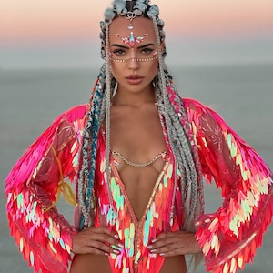 Body fantaisie à plumes néon - tenue festival Burning Man faite main