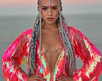 Neon Feathered Fantasy Bodysuit - Handmade Burning Man Festival Outfit