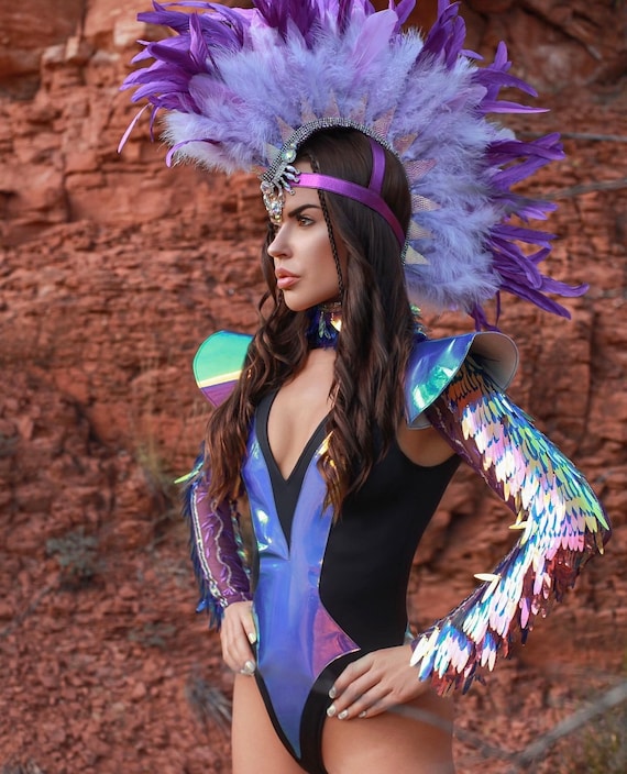 Purple Feather Galaxy Bodysuit | Holographic Rave Wear  display picture 1