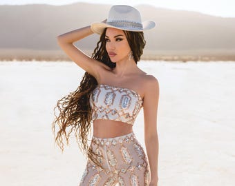 Pailletten Festival Outfit Zweiteiler Passendes Set Boho Sparkle Crop Top & Schlaghose Burning Man Outfit Desert Glam Set Rave EDM