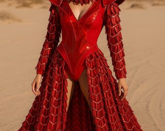 Conjunto de disfraz de Fénix Roja: body metálico y falda con flecos de lentejuelas.