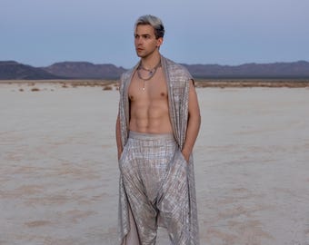 Men’s Desert Drape Festival Set | Metallic Boho Kimono & Harem Pants | Burning Man Outfit | Silver Tribal Men’s Wear | Men party wear