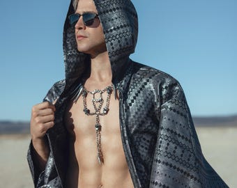 Men’s Geometric Kimono Jacket with Hood – Silver & Black Festival Coat | Handmade Statement Robe by Zenma