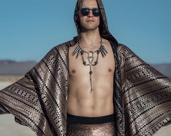 Men’s Metallic Hooded Kimono – Bronze Tribal Festival Cape, Boho Burning Man Outfit, Optional Matching Harem Pants