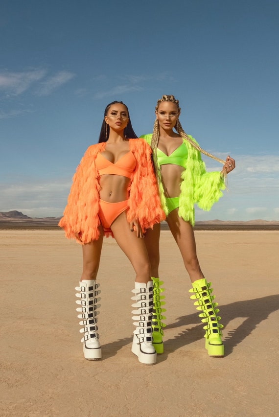 Neon Feather Festival Robe | Burning man outfit | Rave wear |Fluffy Short Kimono | Rave Wear Cover-Up in Neon Orange and Neon Green