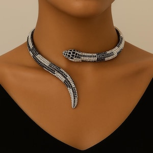 Crystal Snake Choker Necklace – Black and White Beaded Serpent Collar – Statement Jewelry for Festival, Goth, or Elegant Looks