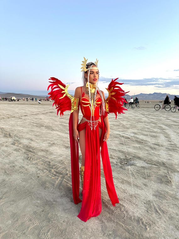 Red Goddess Festival Costume Set | Burning Man Outfit | Feather Arm Cuffs,  Chiffon Sleeves & Headpiece | Couture Red Bodysuit With Skirt - Etsy Israel