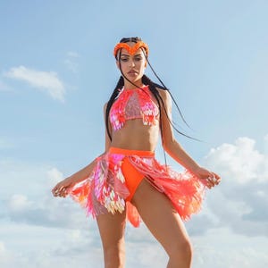Neon Feather Festival Set 3 Piece Outfit With Fringe Skirt, Halter Top & Bottoms | Burning Man Costume, Ravewear, EDM Festival Outfit - Etsy Neon Feather Festival Set 3 Piece Outfit With Fringe Skirt, Halter Top & Bottoms | Burning Man Costume, Ravewear, EDM Festival Outfit - Etsy