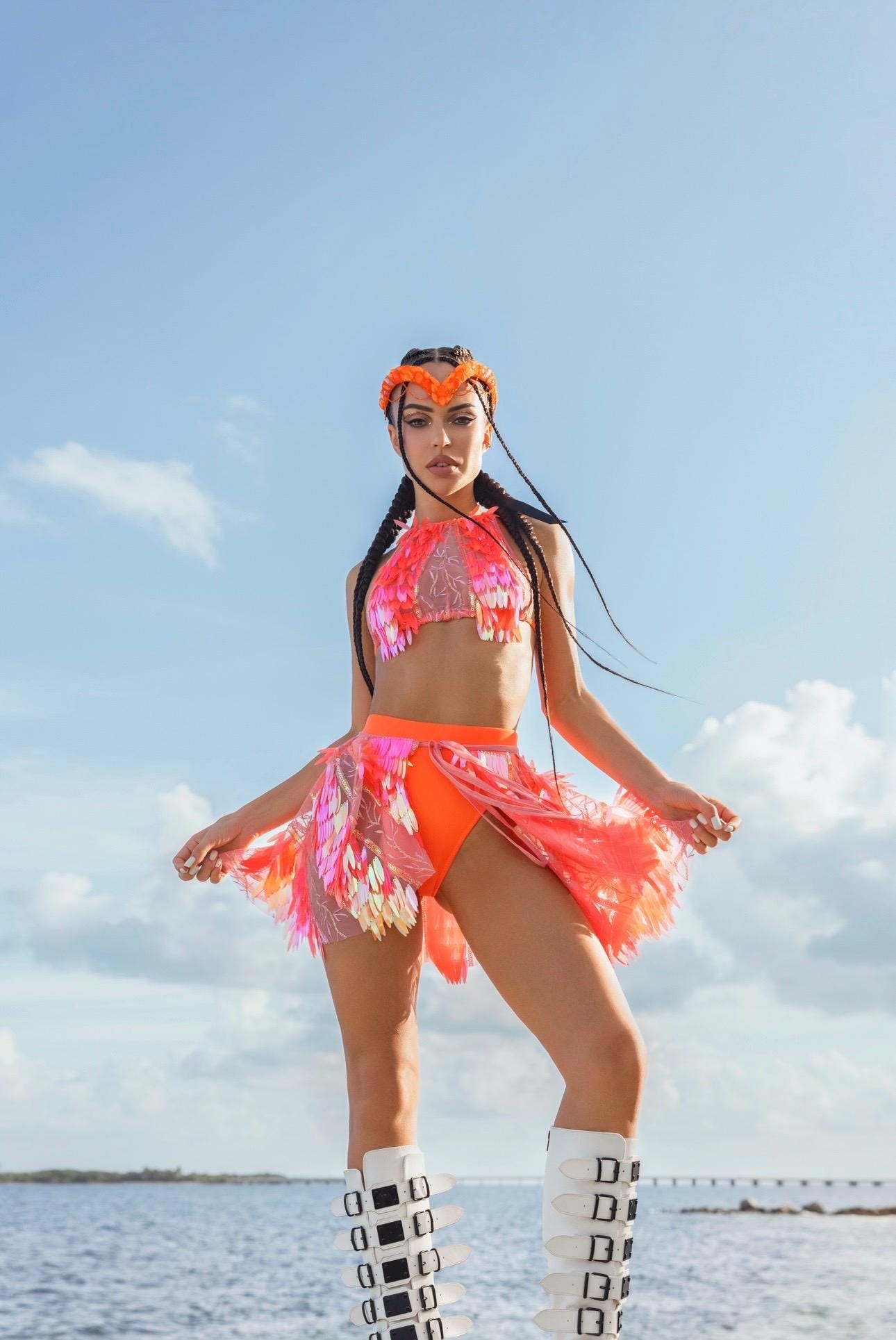 Neon Feather Festival Set  3 Piece Outfit With Fringe Skirt, Halter Top &  Bottoms | Burning Man Costume, Ravewear, EDM Festival Outfit - Etsy