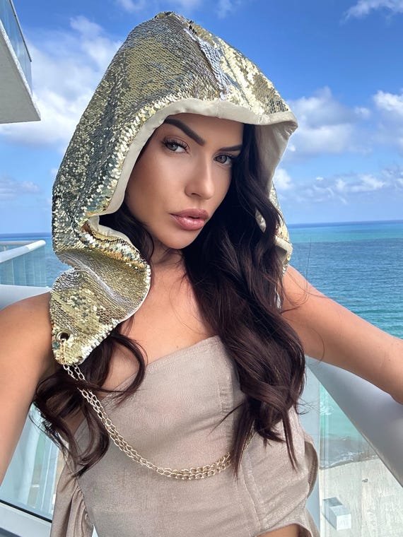 Gold Sequin Festival Hood – Chain Detail Desert Cloak for  display picture 3