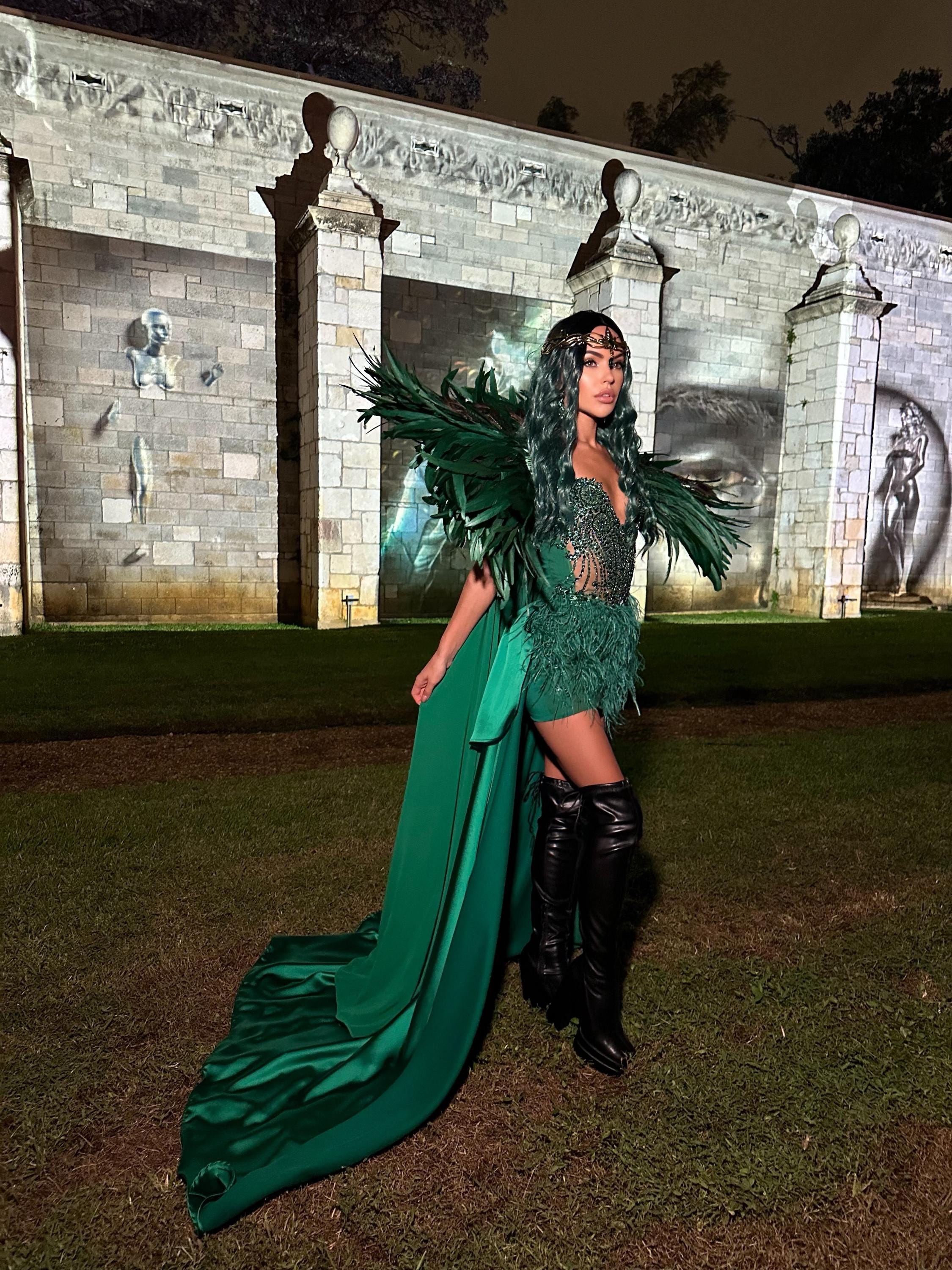 green emerald velvet dress Feather-Trimmed Glitter-Print Long Prom Dress CC1608 Sage / 2 main image 0