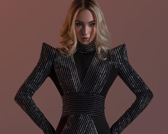 Black Metallic Striped Mini Dress - Power Shoulder Gala Outfit, Festival Party Wear, Statement Evening Dress