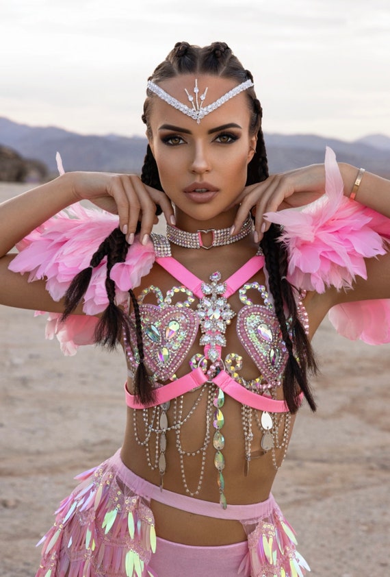 Pink Feathered Festival Costume With Rhinestone Details and Flowing Skirt   Burning Man Rave Outfit - Etsy Sweden