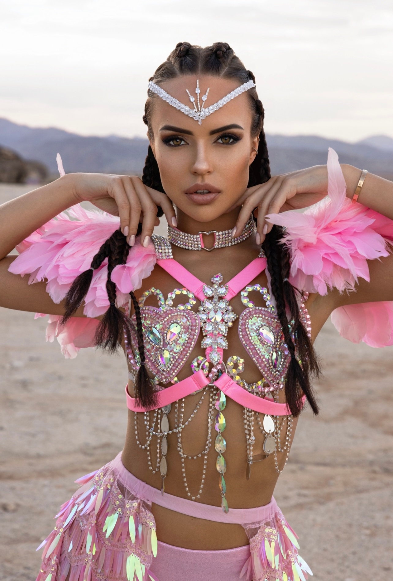Pink Feathered Festival Costume With Rhinestone Details and Flowing Skirt   Burning Man Rave Outfit - Etsy