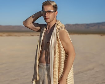 Gold Men’s Festival Set – Metallic Harem Pants & Striped Boho Cape | Burning Man Outfit | Desert Couture for Him