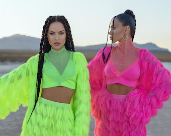Neon Festival 4-Piece Set – Robe, Pants, Top & Mesh Neck | Pink or Green | Rave Outfit, Burning Man Costume, Fluffy Faux Fur Set, Handmade