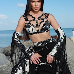 Western Cowgirl Fringe Festival Outfit – Black and White Cow Print Set Party Clothing – Burning Man Rave Wear