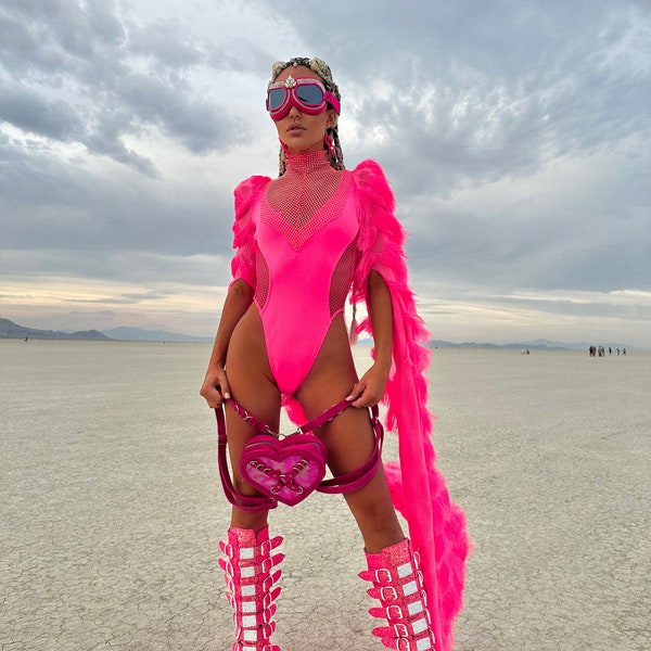 Neon Pink Feather Festival Bodysuit – EDC Rave Outfit for Women – Burning Man Costume – Futuristic Cyber Rave Look  Electric Forest Festival