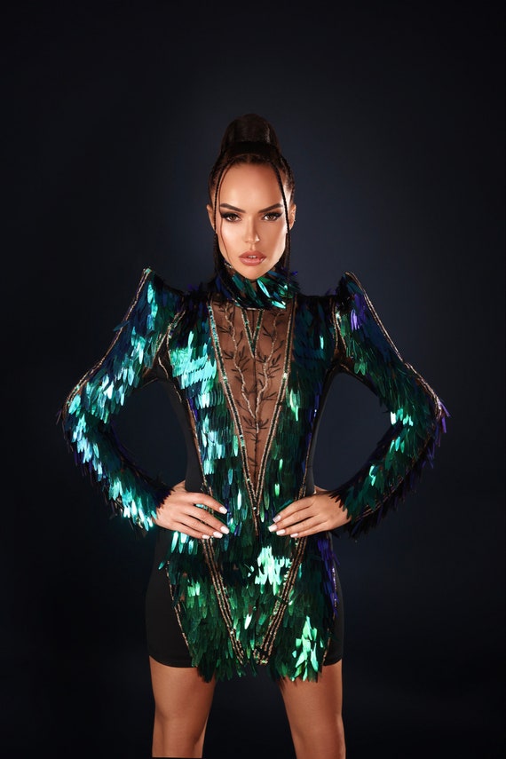 slim fit dress slacks Unique Iridescent Green Sequin Long Sleeve Mermaid Prom Dress main image 1