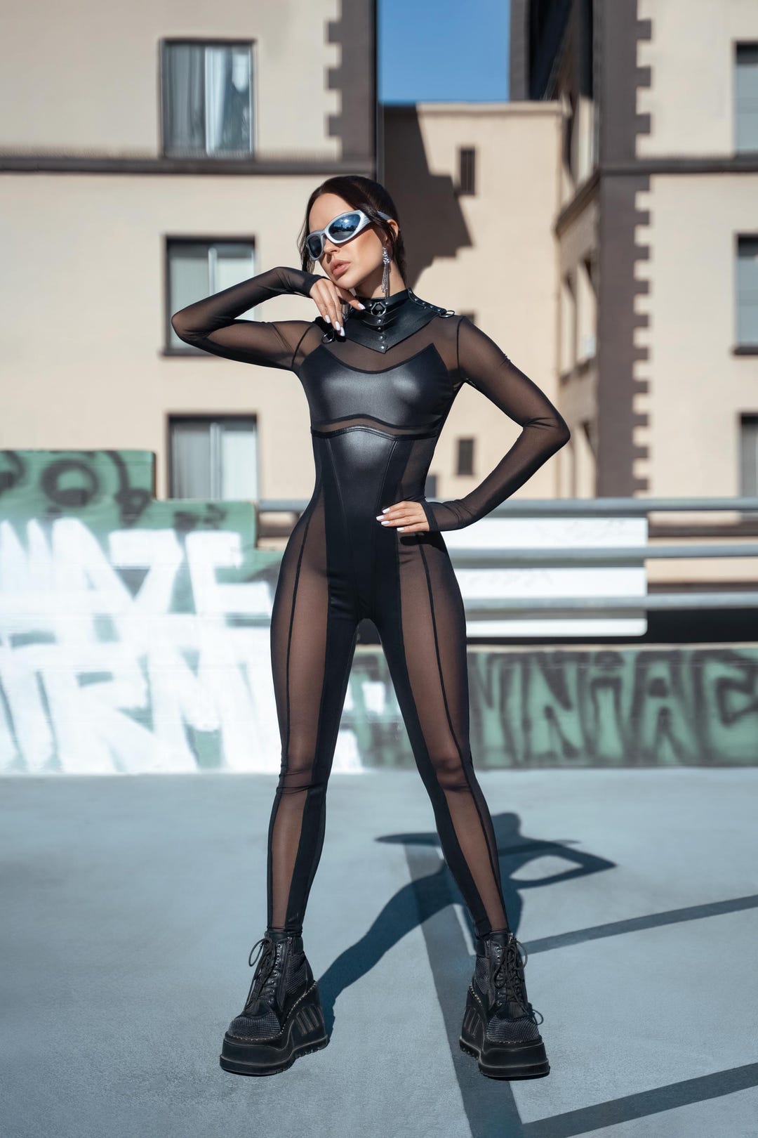 Black Sheer Mesh Bodysuit Jumpsuit – Futuristic Festival Rave