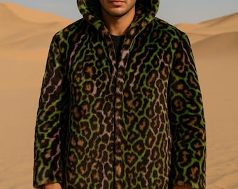 Neon Leopard Faux Fur Hooded Coat: Festival Rave Burning Man Fashion