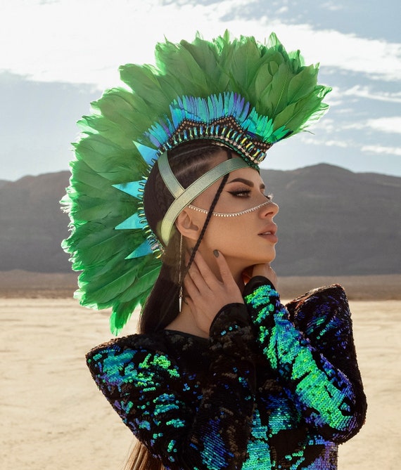 Green Feather Mohawk Headdress – Handmade Festival Headpiece  display picture 3