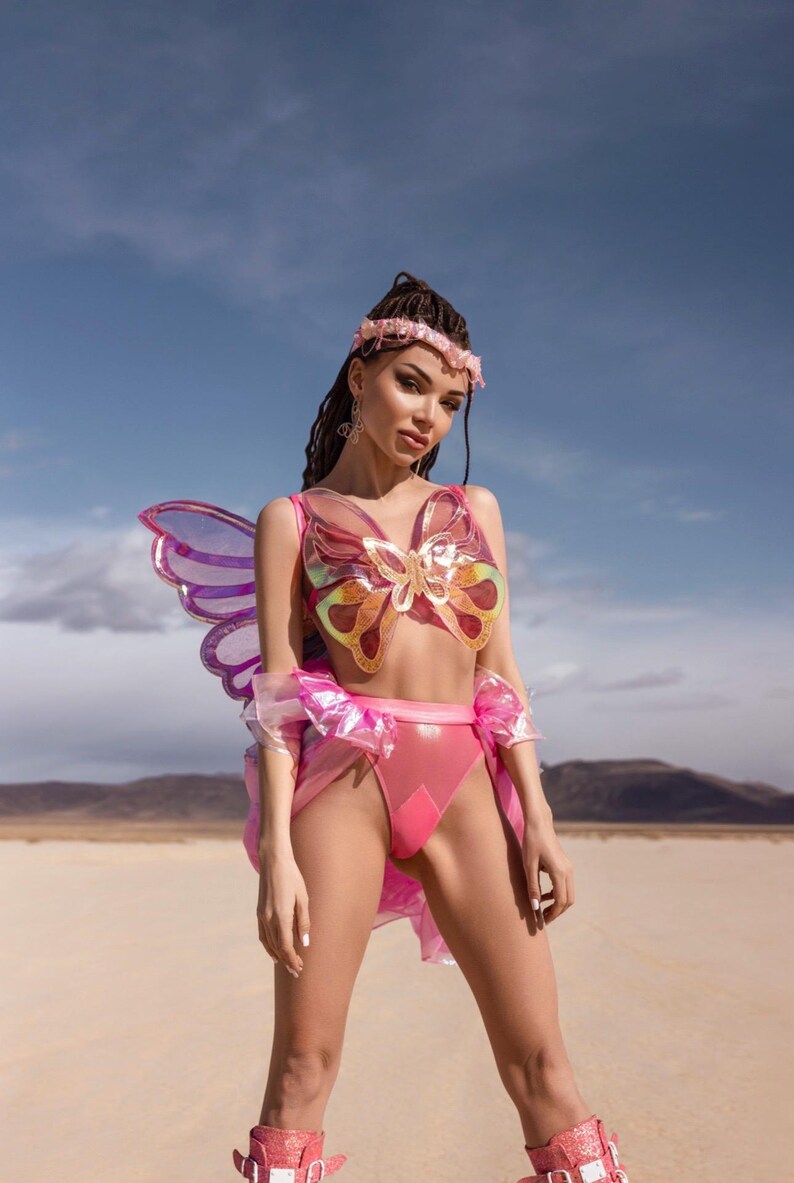Disfraz de hada mariposa rosa: atuendo etéreo para festival con alas ondulantes y capa, ropa para rave en Burning Man. imagen 4