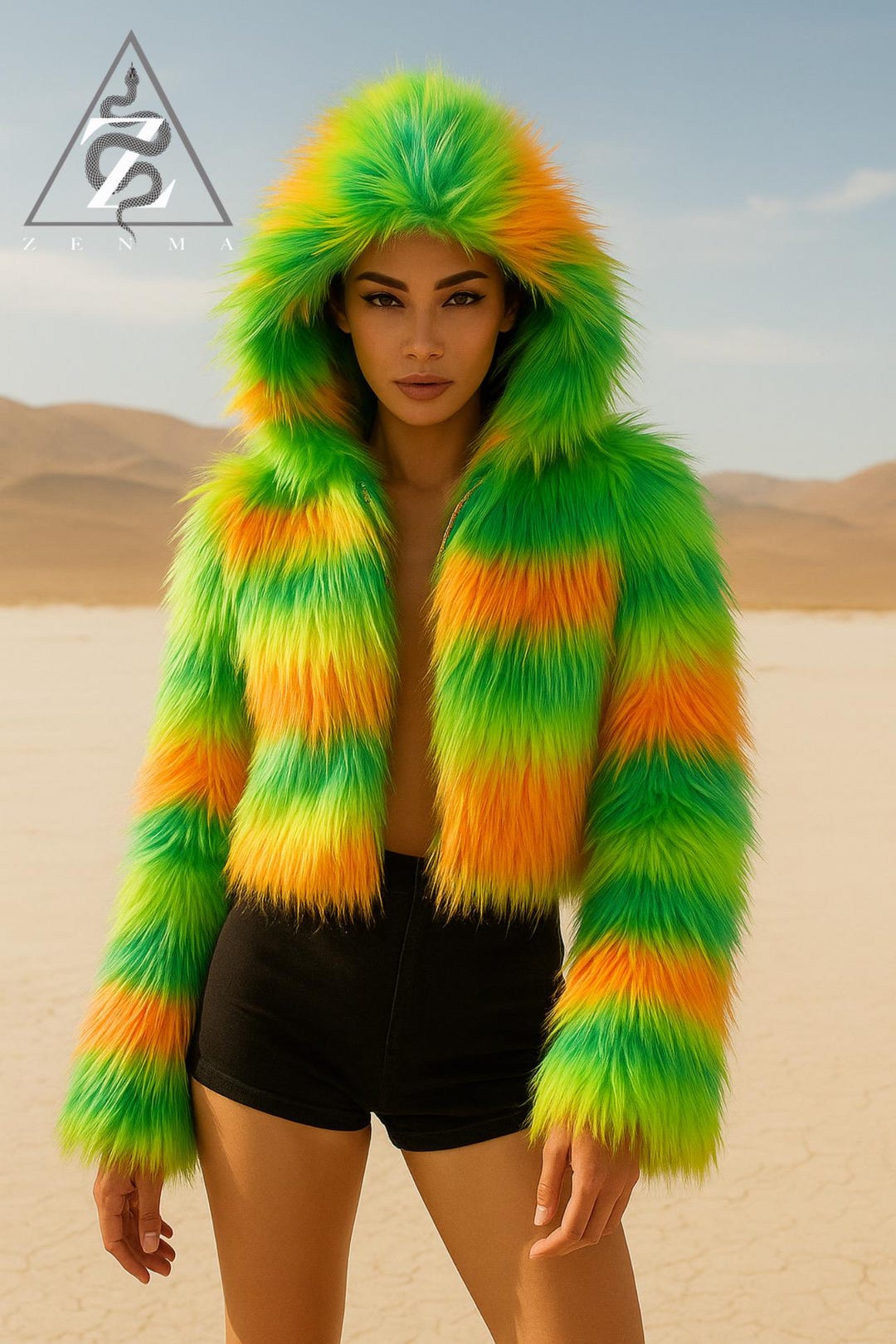 Neon Rainbow Faux Fur Jacket With Hood – Festival Rave Coat for Burning ...