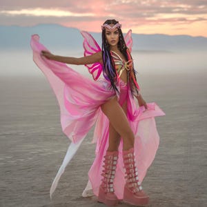 Puede incluir: Una mujer con un disfraz de mariposa rosa con un top de mariposa dorado y botas de plataforma rosa. El disfraz tiene una falda larga y fluida y alas de mariposa. La mujer est&aacute; de pie en un entorno des&eacute;rtico con un cielo rosa en el fondo.