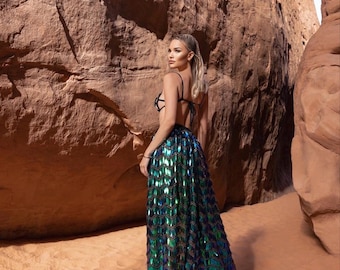 Maxirok met pailletten pailletten – Holografische festivalrok, iriserende rave-outfit, Burning Man-kleding
