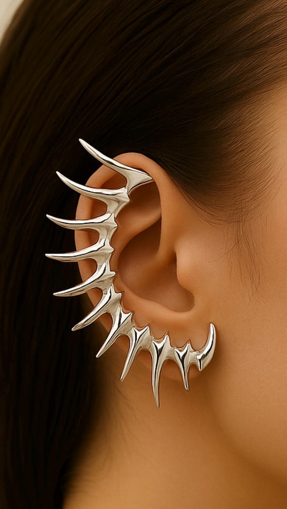 Silver Spike Wing Ear Cuff – Statement Dragon Claw Earcuff, Gothic