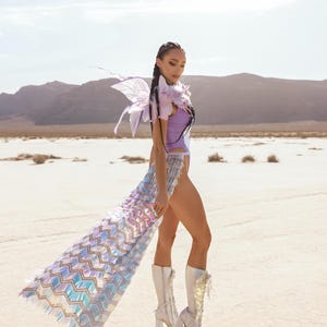 Holografische rok met eenhoorn met pailletten – festivalkleding, rave-outfit, Burning Man-kostuum, iriserende zeemeerminrok afbeelding 3