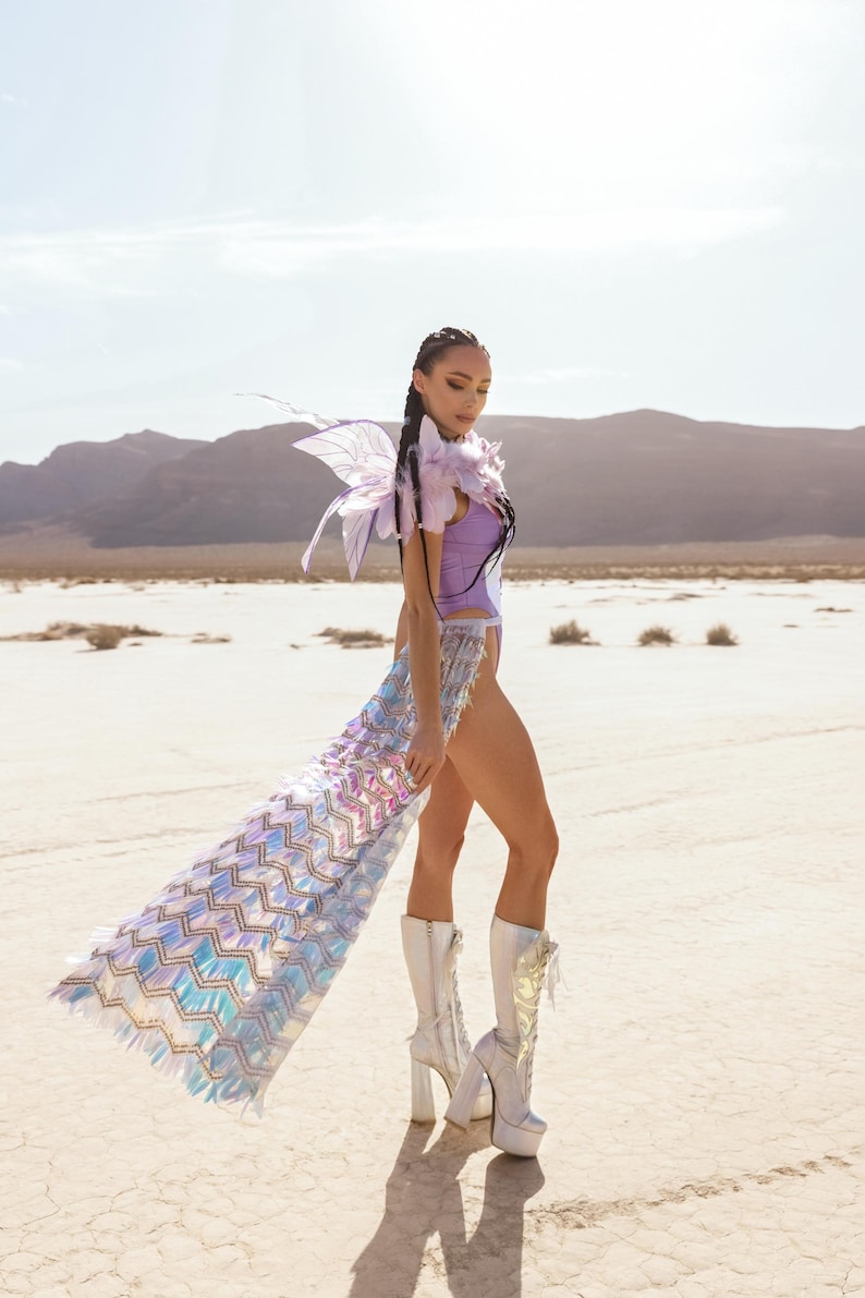 Holografische rok met eenhoorn met pailletten – festivalkleding, rave-outfit, Burning Man-kostuum, iriserende zeemeerminrok afbeelding 3