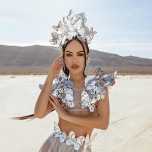 Traje de festival Mariposa Plateada – Conjunto de disfraz rave para mujer – Body de Burning Man – Traje reflectante, disfraz de diosa hada hecho a medida