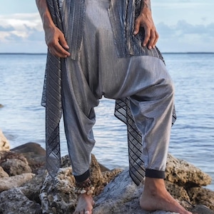 Men’s Silver Harem Pants - Metallic Festival Pants - Boho Yoga Pants - Burning Man, Beachwear, Rave Fashion