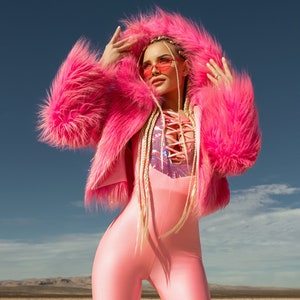 Hot Pink Faux Fur Hooded Jacket – Cropped Festival Coat for Burning Man & Rave Outfits by Zenma