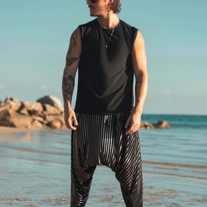 Men’s Black and Silver Striped Harem Pants - Handmade Festival and Beachwear - Comfortable Boho Trousers- Burning Man outfit