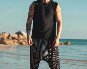 Men’s Black and Silver Striped Harem Pants - Handmade Festival and Beachwear - Comfortable Boho Trousers- Burning Man outfit