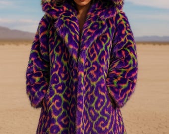 Giacca in pelliccia sintetica leopardata neon – Cappotto Burning Man / Stile unisex corto da uomo, corto da donna o lungo di Zenma